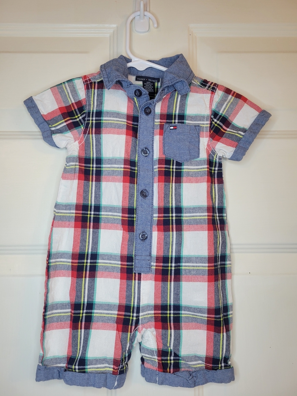 Tommy Hilfiger Blue Chambray & Multicolor Plaid Baby Romper